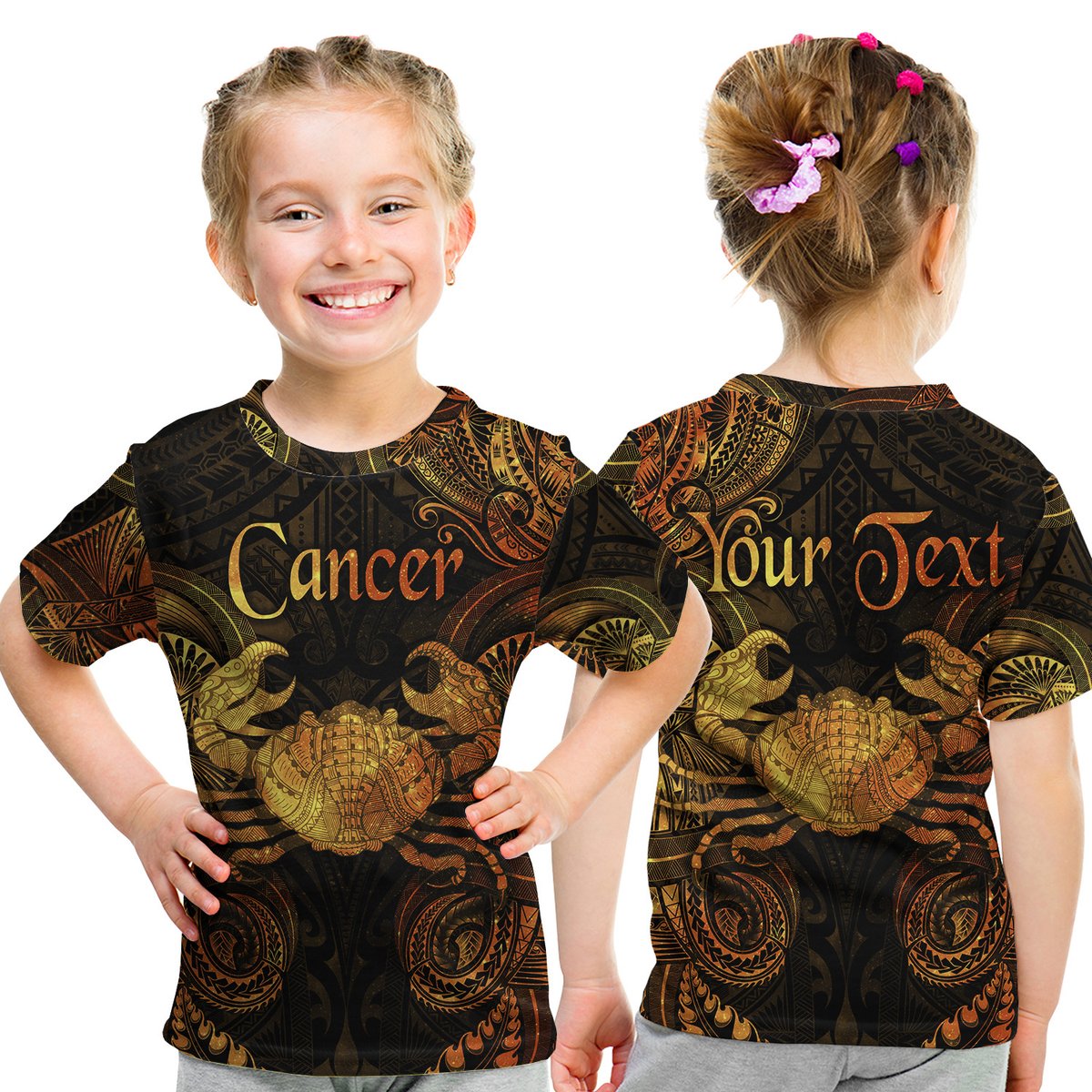 (Custom Personalised) Cancer Zodiac Polynesian T Shirt Kid Unique Style - Gold LT8 Youth XL Size14 - Polynesian Pride