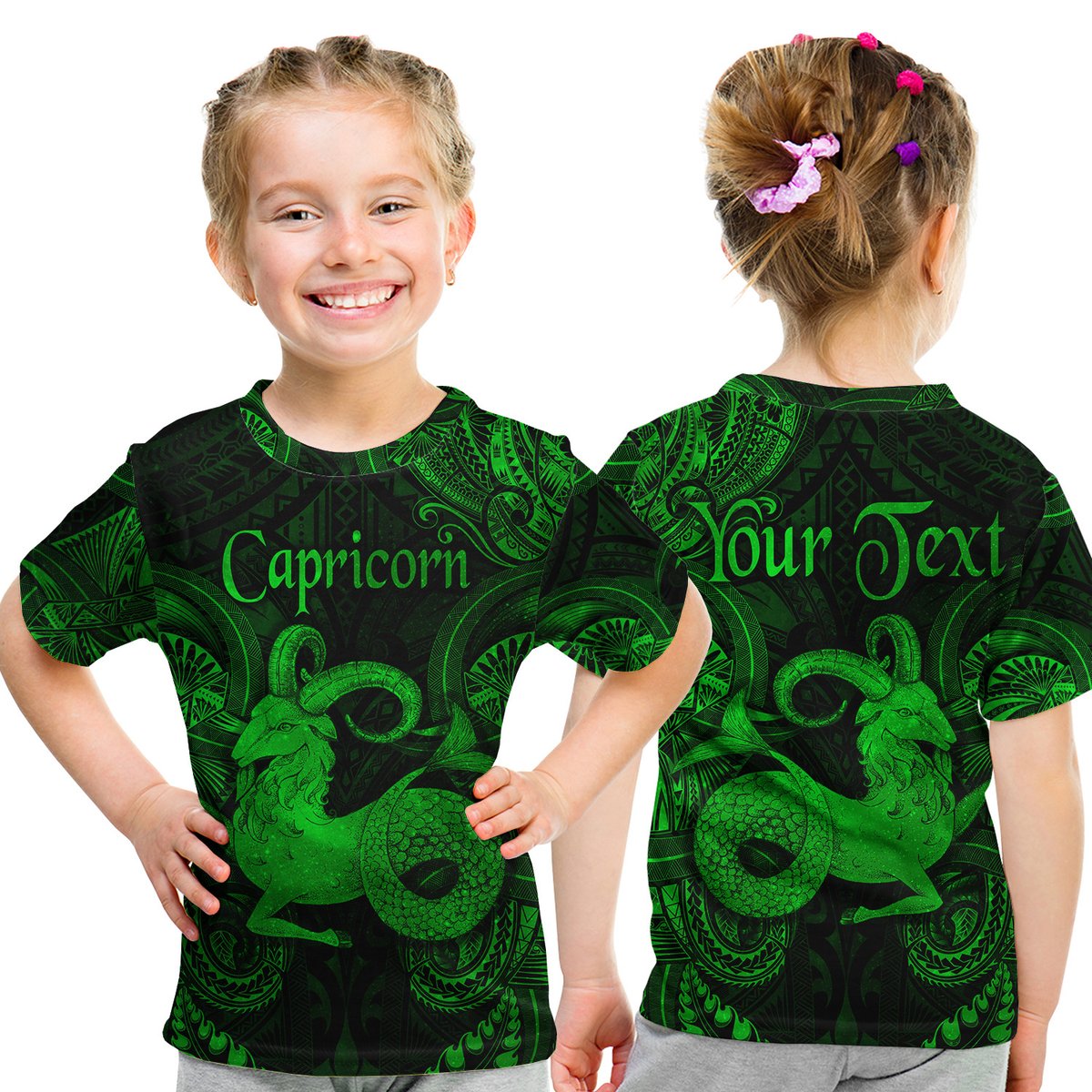 (Custom Personalised) Capricorn Zodiac Polynesian T Shirt Kid Unique Style - Green LT8 Youth XL Size14 - Polynesian Pride