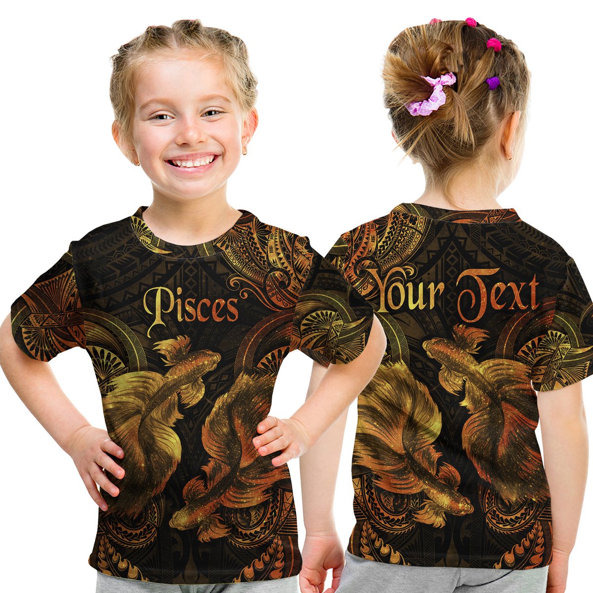 (Custom Personalised) Pisces Zodiac Polynesian T Shirt Kid Unique Style - Gold LT8 Youth XL Size14 - Polynesian Pride