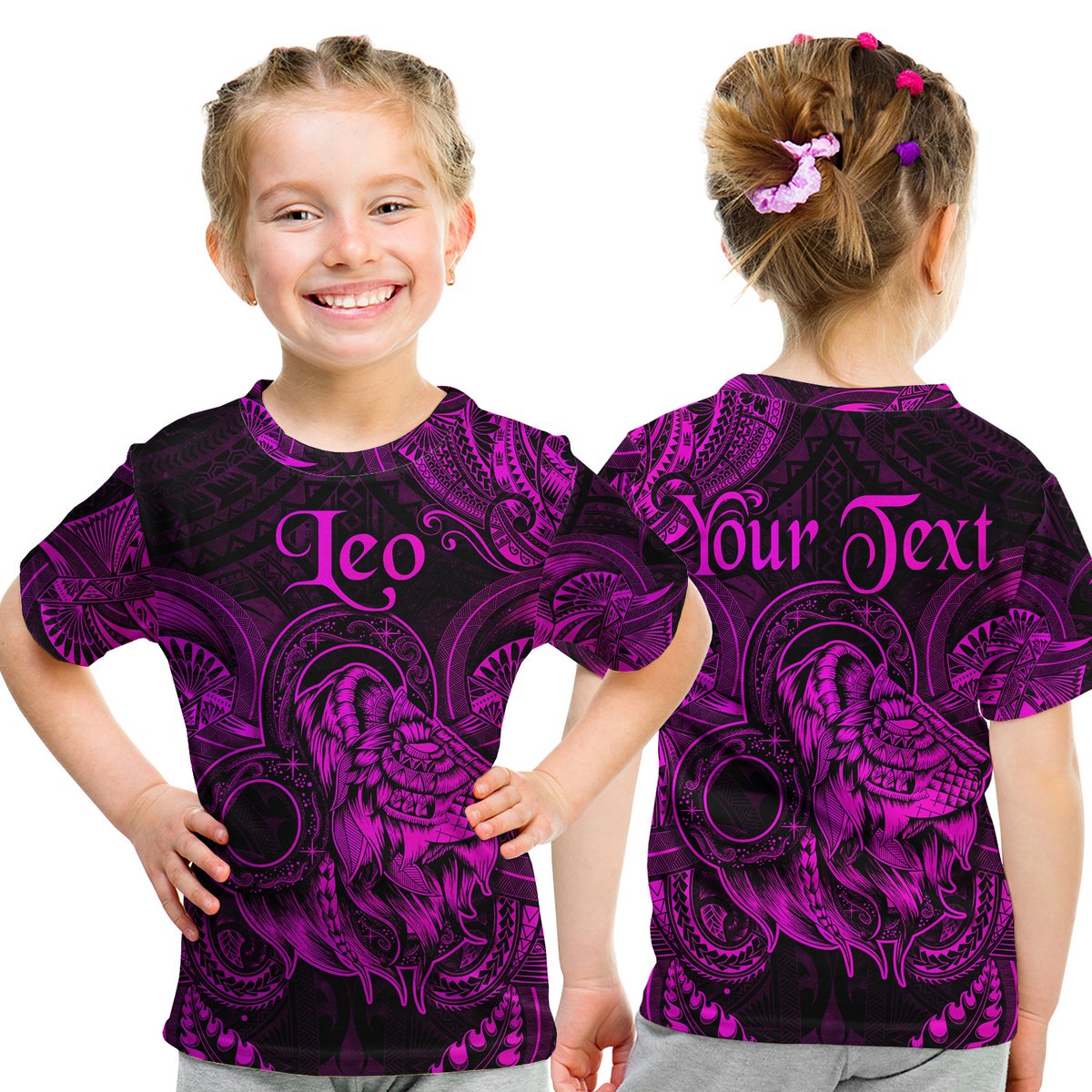 (Custom Personalised) Leo Zodiac Polynesian T Shirt Kid Unique Style - Pink LT8 Youth XL Size14 - Polynesian Pride