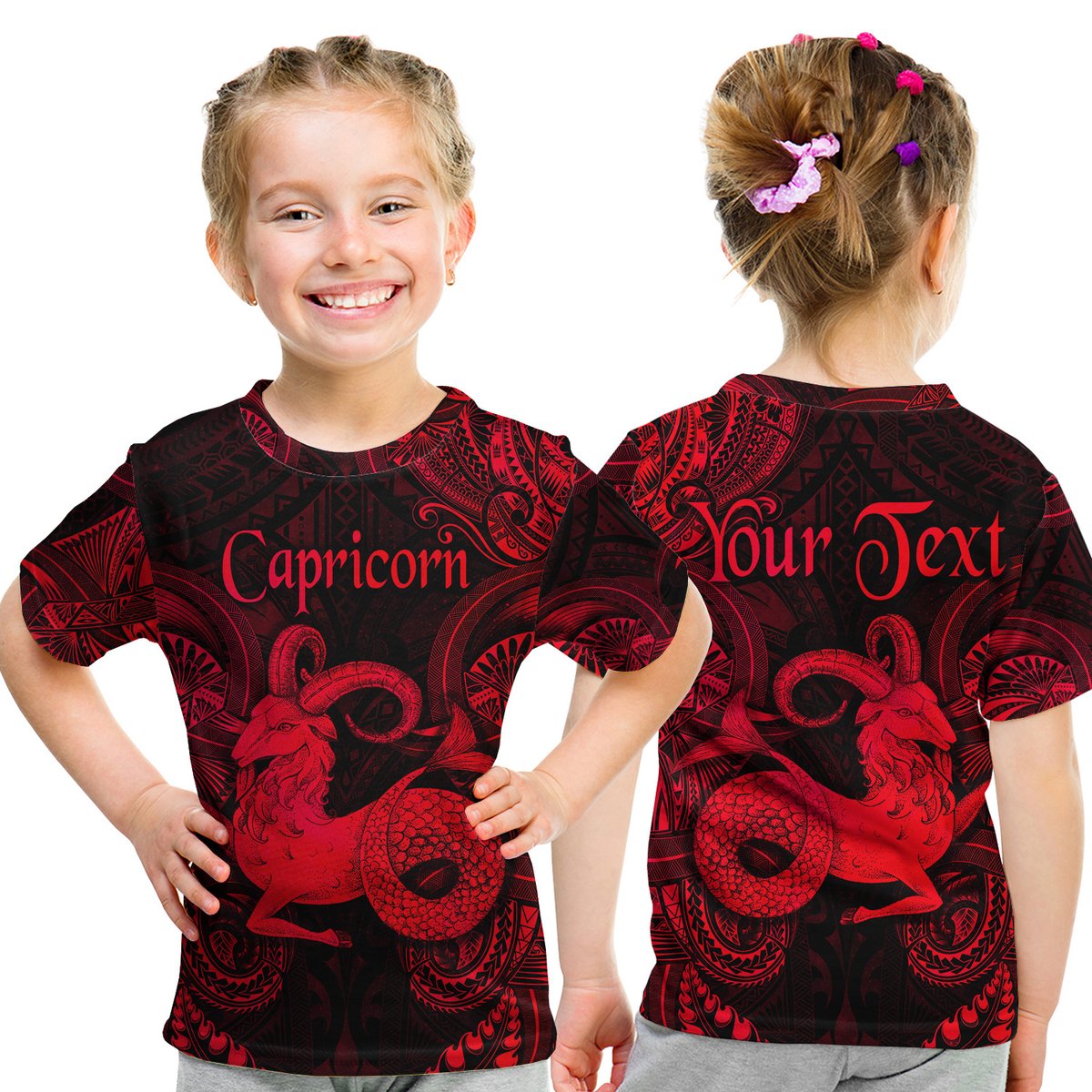 (Custom Personalised) Capricorn Zodiac Polynesian T Shirt Kid Unique Style - Red LT8 Youth XL Size14 - Polynesian Pride