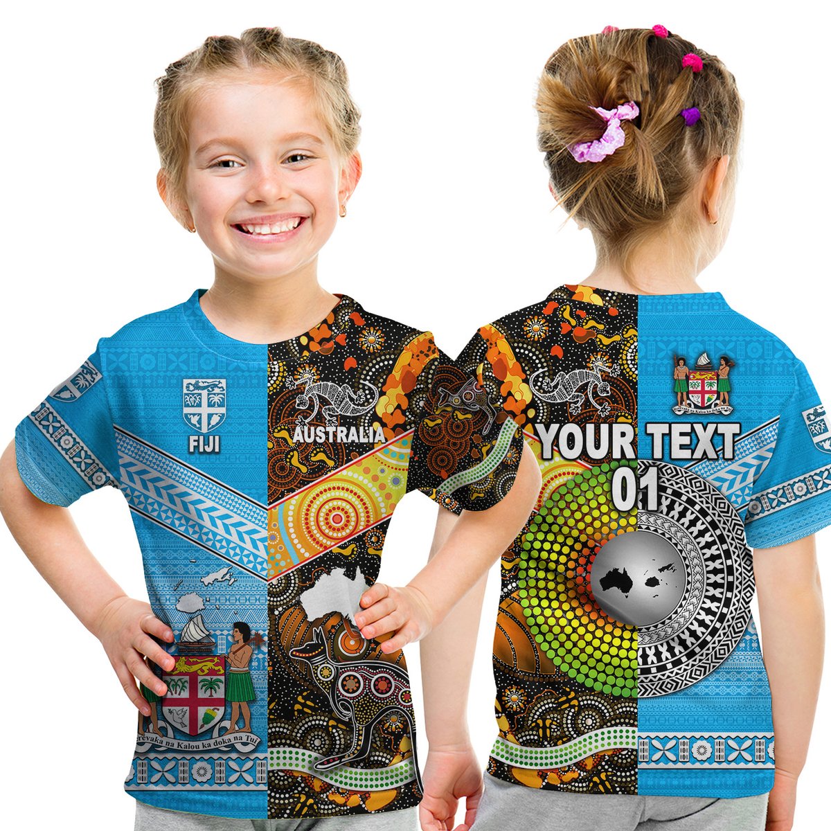 (Custom Personalised) Australia Aboriginal And Fiji Tapa T Shirt Kid Together LT8 Youth XL Size14 - Polynesian Pride