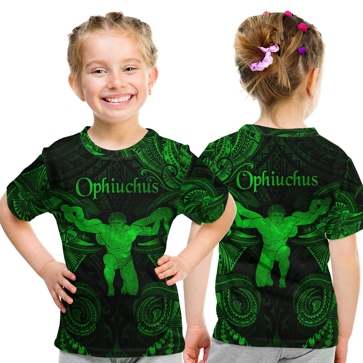 Ophiuchus Zodiac Polynesian T Shirt Kid Unique Style - Green LT8 Youth XL Size14 - Polynesian Pride