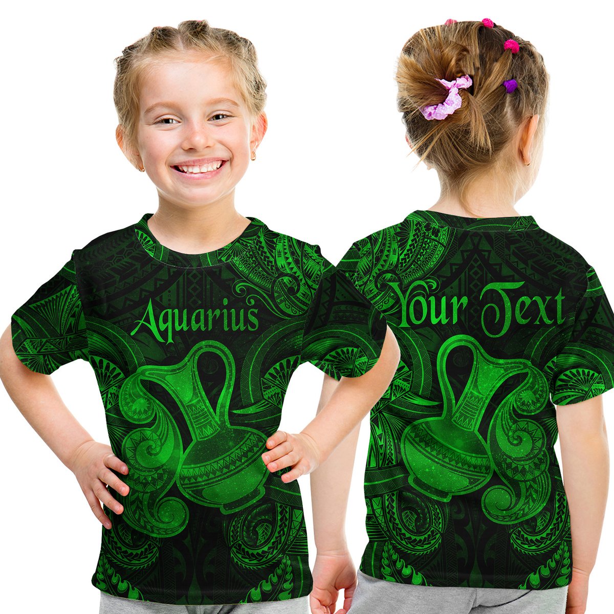 (Custom Personalised) Aquarius Zodiac Polynesian T Shirt Kid Unique Style - Green LT8 Youth XL Size14 - Polynesian Pride