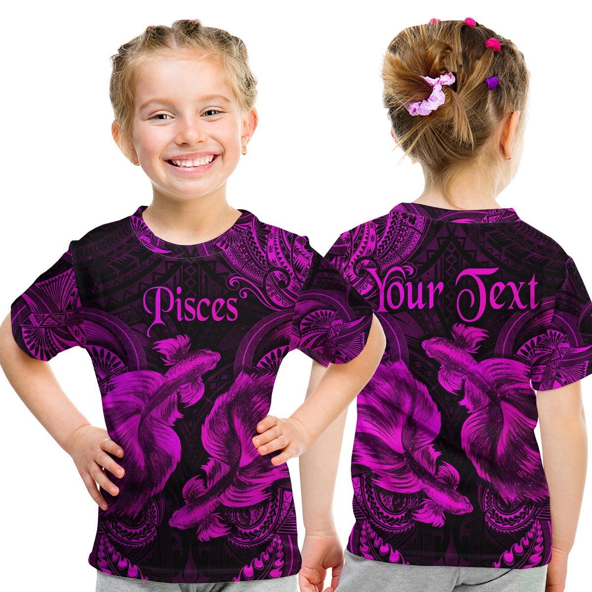 (Custom Personalised) Pisces Zodiac Polynesian T Shirt Kid Unique Style - Pink LT8 Youth XL Size14 - Polynesian Pride