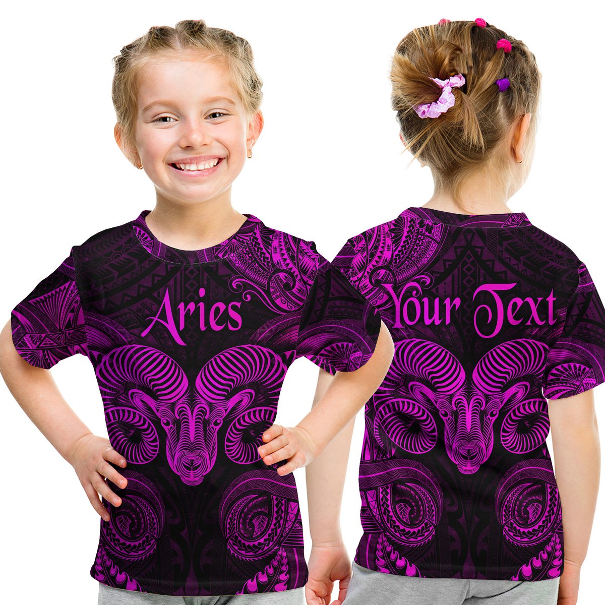 (Custom Personalised) Aries Zodiac Polynesian T Shirt Kid Unique Style - Pink LT8 Youth XL Size14 - Polynesian Pride