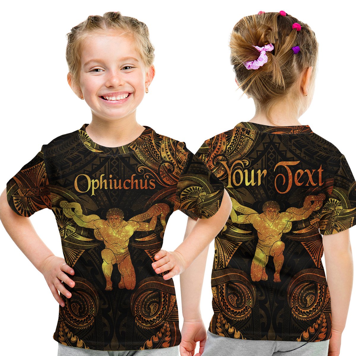(Custom Personalised) Ophiuchus Zodiac Polynesian T Shirt Kid Unique Style - Gold LT8 Youth XL Size14 - Polynesian Pride