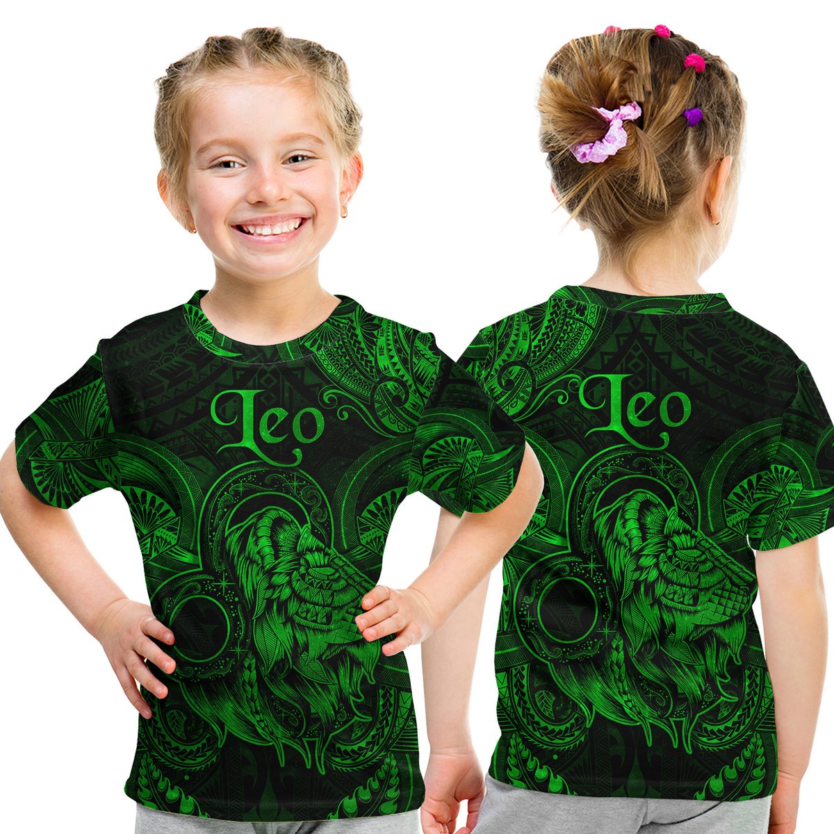Leo Zodiac Polynesian T Shirt Kid Unique Style - Green LT8 Youth XL Size14 - Polynesian Pride