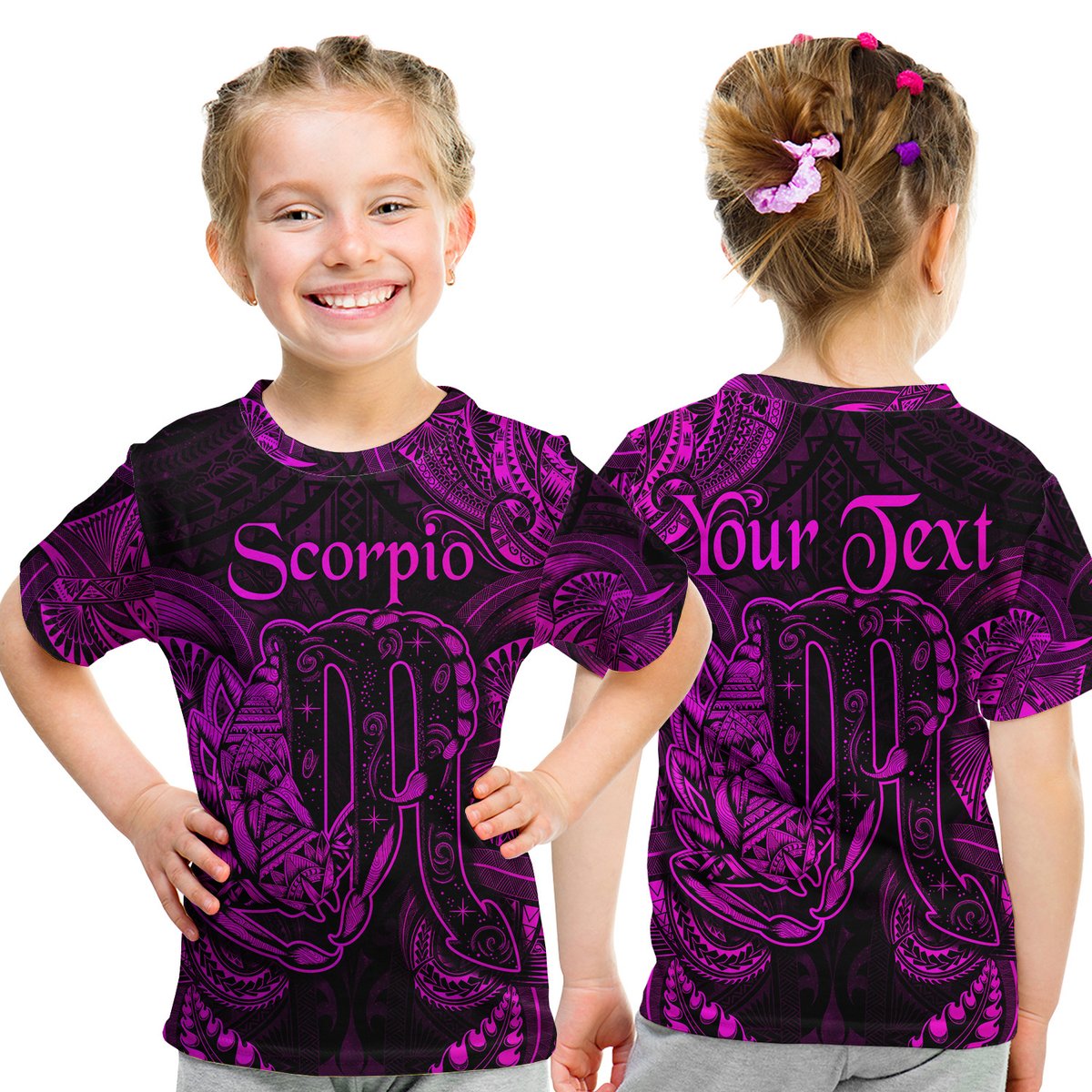 (Custom Personalised) Scorpio Zodiac Polynesian T Shirt Kid Unique Style - Pink LT8 Youth XL Size14 - Polynesian Pride