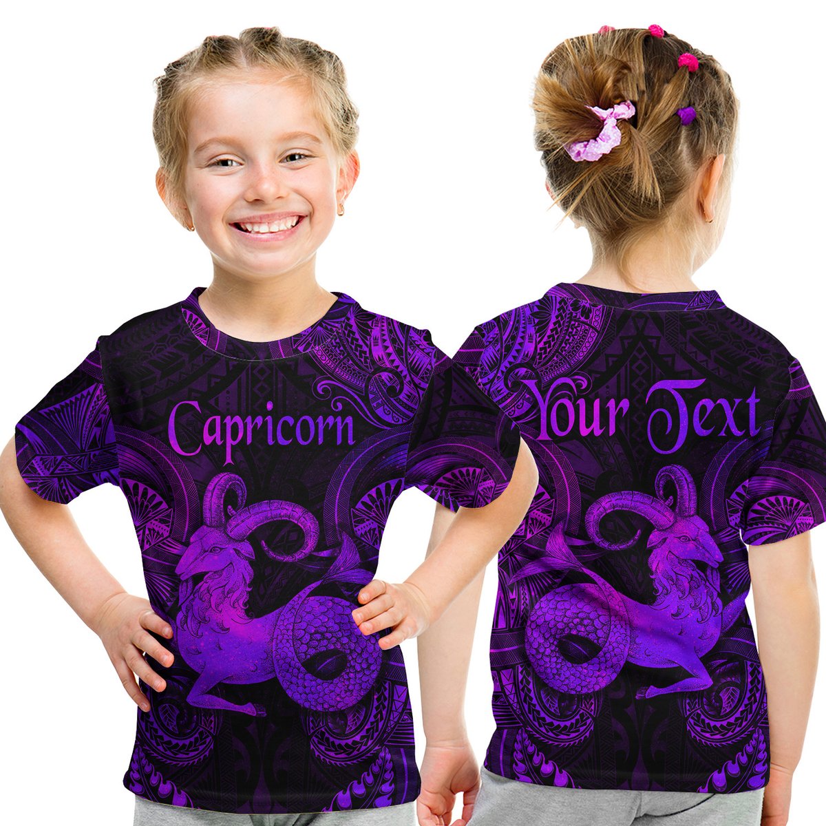 (Custom Personalised) Capricorn Zodiac Polynesian T Shirt Kid Unique Style - Purple LT8 Youth XL Size14 - Polynesian Pride