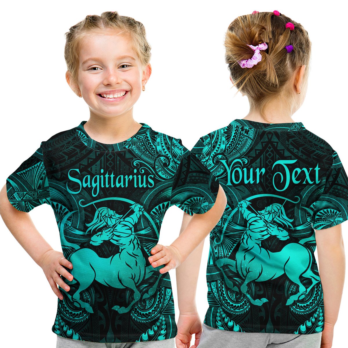 (Custom Personalised) Sagittarius Zodiac Polynesian T Shirt Kid Unique Style - Turquoise LT8 Youth XL Size14 - Polynesian Pride