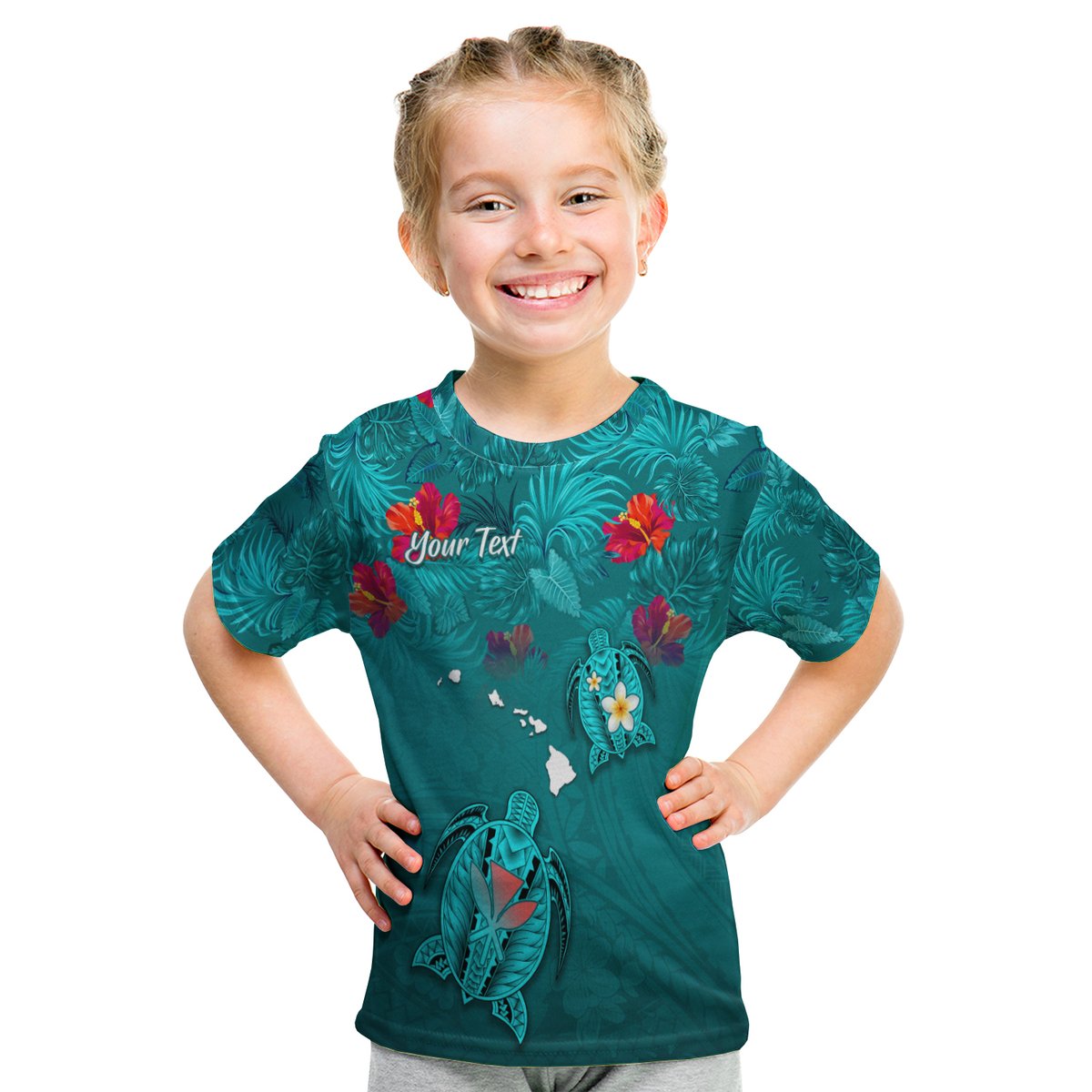 (Custom Personalised) Hawaiian Islands T Shirt Kid - Hawaii Tropical Flowers And Turtles Turquoise LT13 Youth XL Size14 - Polynesian Pride