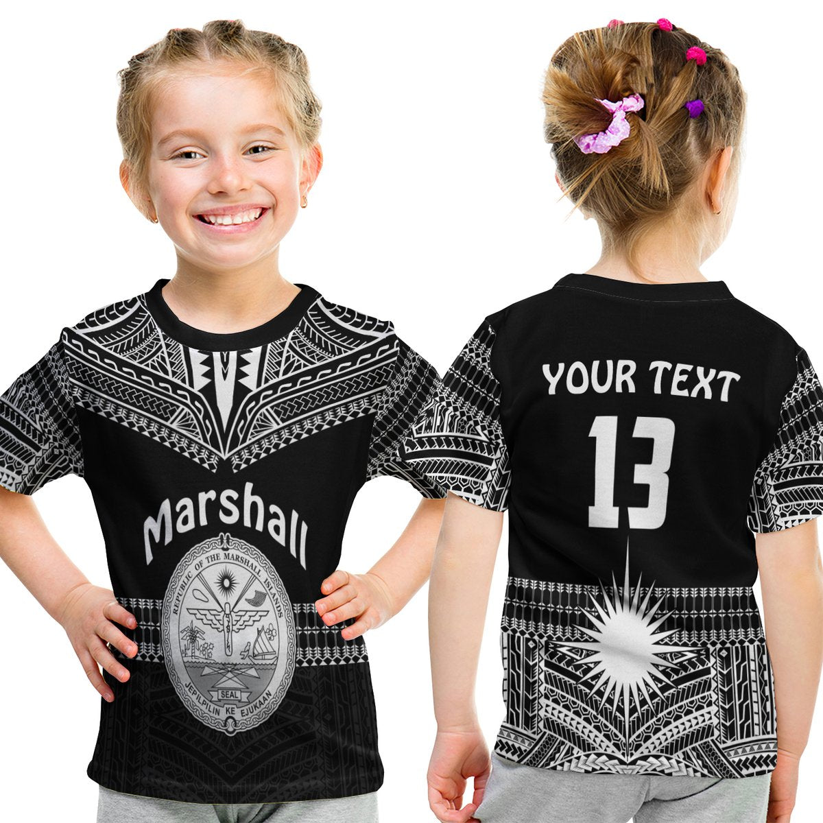 (Custom Text And Number) Marshall Islands T Shirt Kid Best Tattoo Version Black LT13 Youth XL Size14 - Polynesian Pride