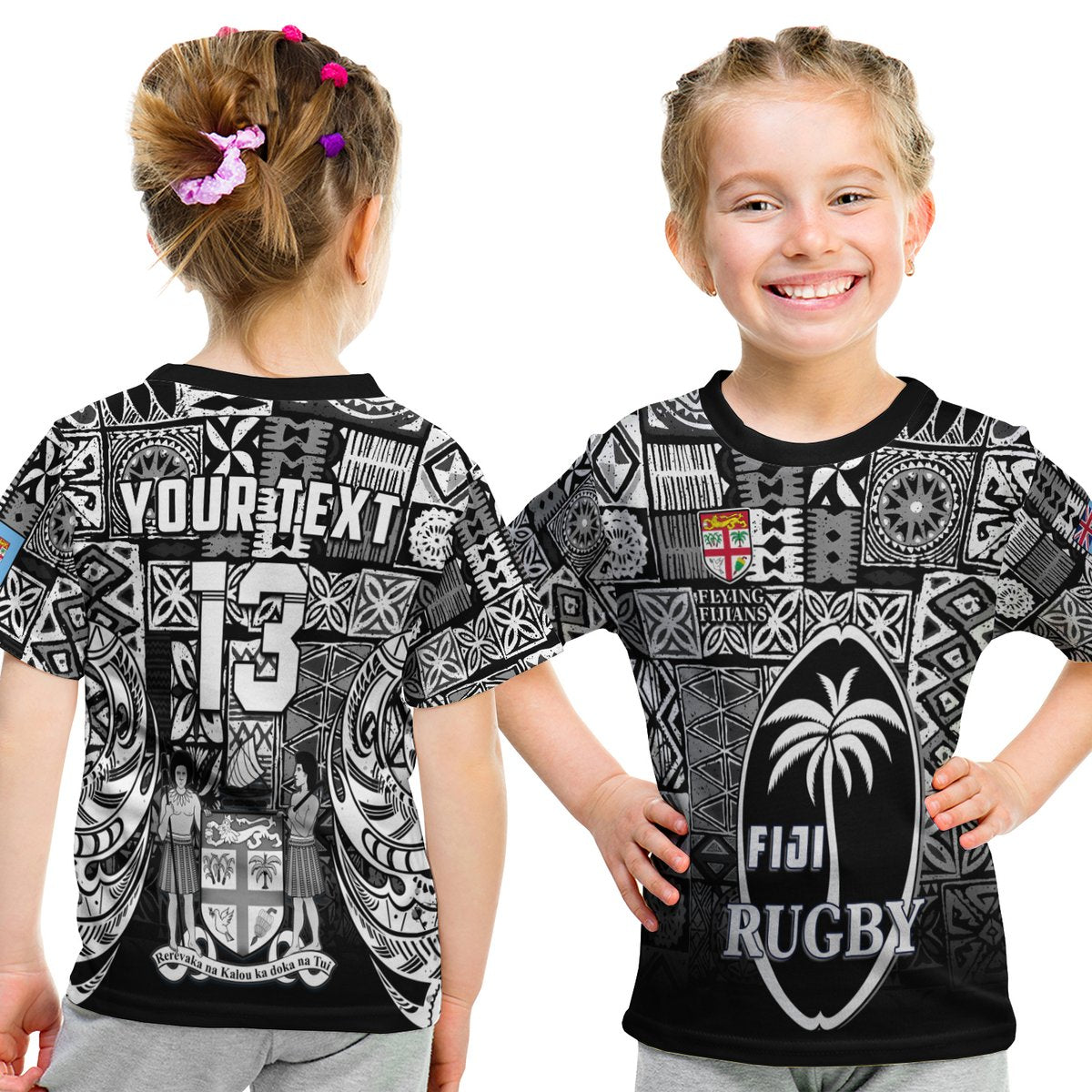 (Custom Text And Number) Fiji Rugby T Shirt Kid Flying Fijians Black Tapa Pattern LT13 Youth XL Size14 - Polynesian Pride