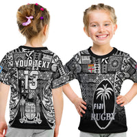 (Custom Text And Number) Fiji Rugby T Shirt Kid Flying Fijians Black Tapa Pattern LT13 Youth XL Size14 - Polynesian Pride