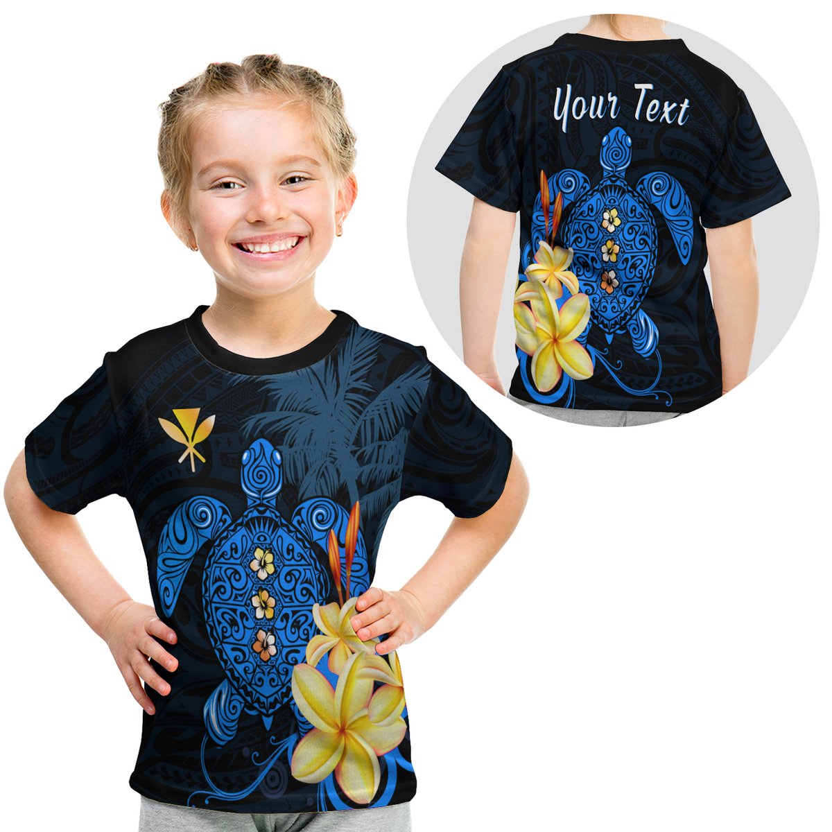 (Custom Personalised) Hawaii Turtle T Shirt Kid Hawaiian Flowers Version Blue Elegant LT13 Youth XL Size14 - Polynesian Pride
