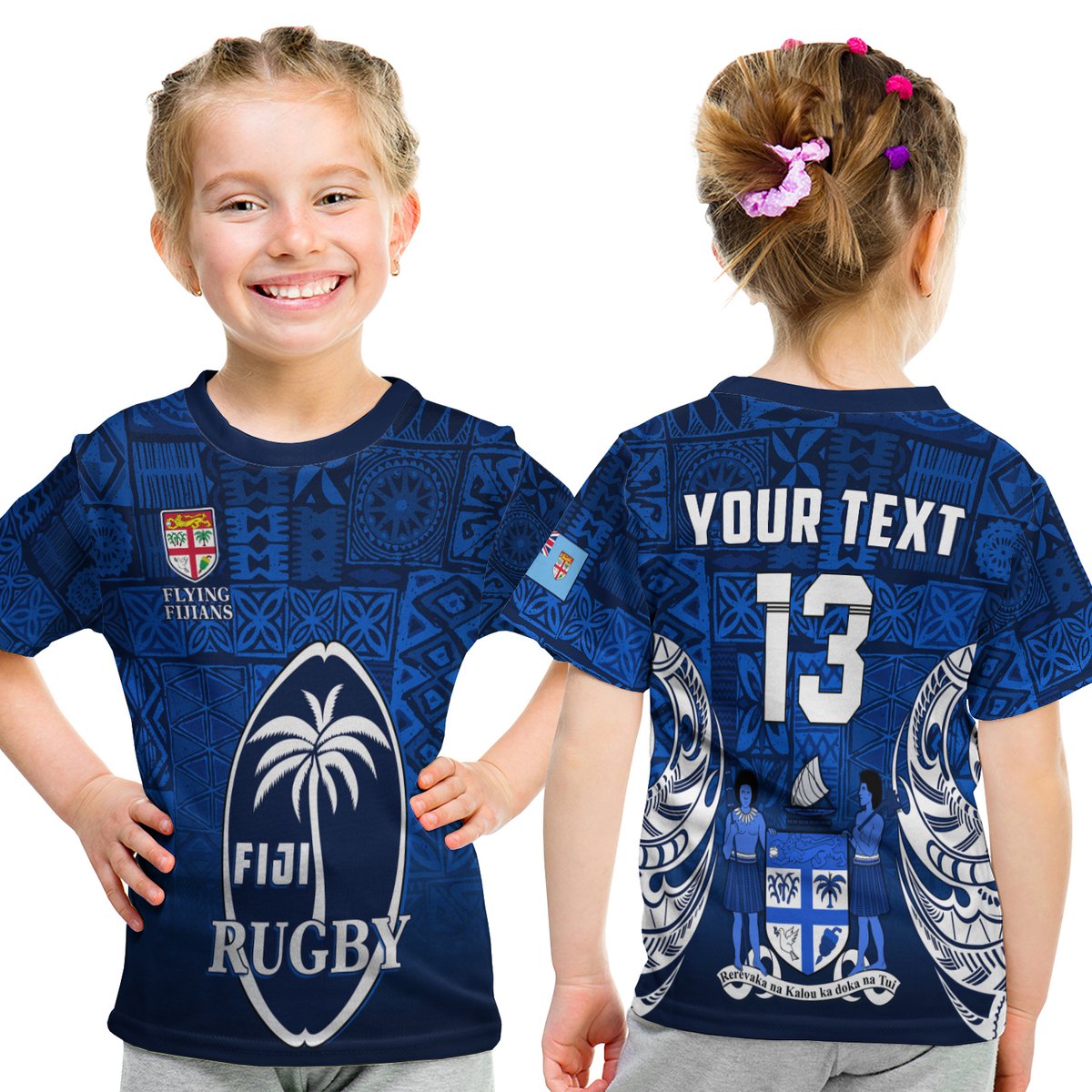 (Custom Text And Number) Fiji Rugby T Shirt Kid Flying Fijians Blue Tapa Pattern LT13 Youth XL Size14 - Polynesian Pride