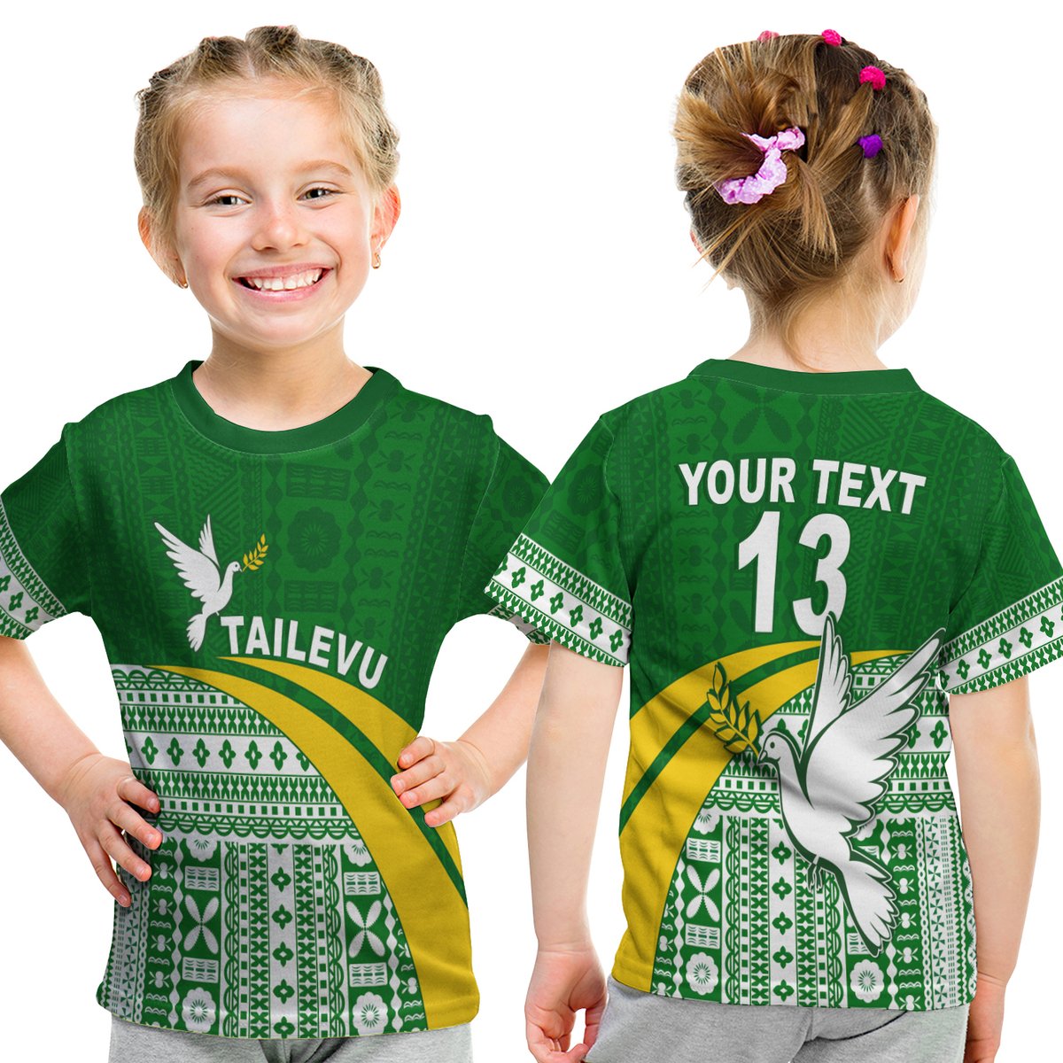 (Custom Text And Number) Tailevu Rugby T Shirt Kid Fiji Rugby Tapa Pattern Green LT13 Youth XL Size14 - Polynesian Pride