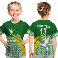 (Custom Text And Number) Tailevu Rugby T Shirt Kid Fiji Rugby Tapa Pattern Green LT13 Youth XL Size14 - Polynesian Pride