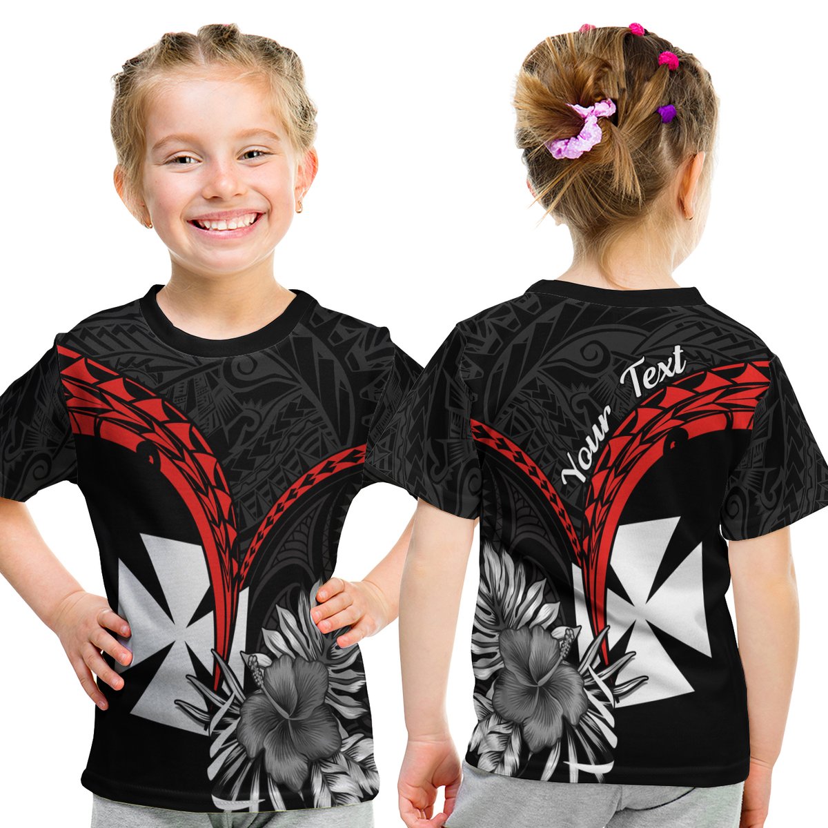 (Custom Personalised) Wallis et Futuna T Shirt KID Polynesian Pattern and Hibiscus Flowers Version Black LT13 Youth XL Size14 - Polynesian Pride