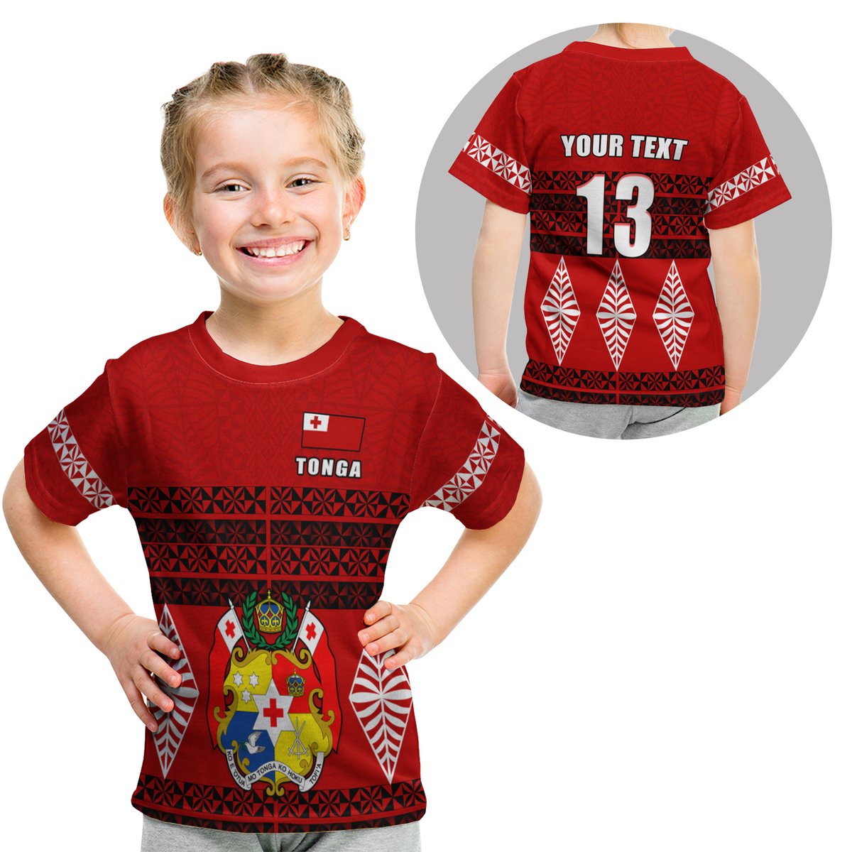 (Custom Personalised) Tonga T Shirt Kid - Tongan Pattern - Custom Text And Number LT13 Youth XL Size14 - Polynesian Pride