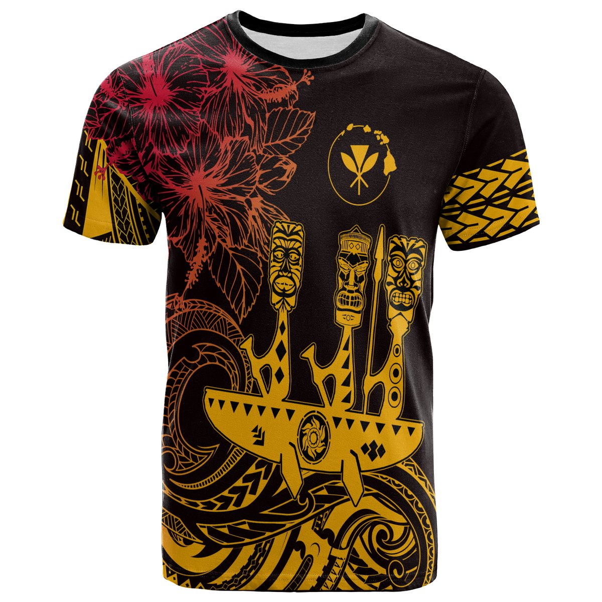 Hawaii Outrigger Canoe Paddling T Shirt Tribal Tiki LT7 Adult Black - Polynesian Pride
