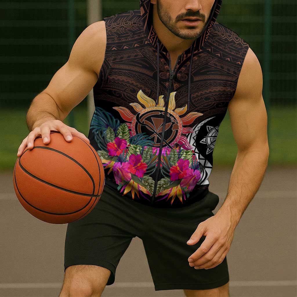 Polynesian Sleeveless Hoodie Hawaii Kanaka Maoli & Hibiscus Flowers With Polynesian Patterns - Polynesian Pride