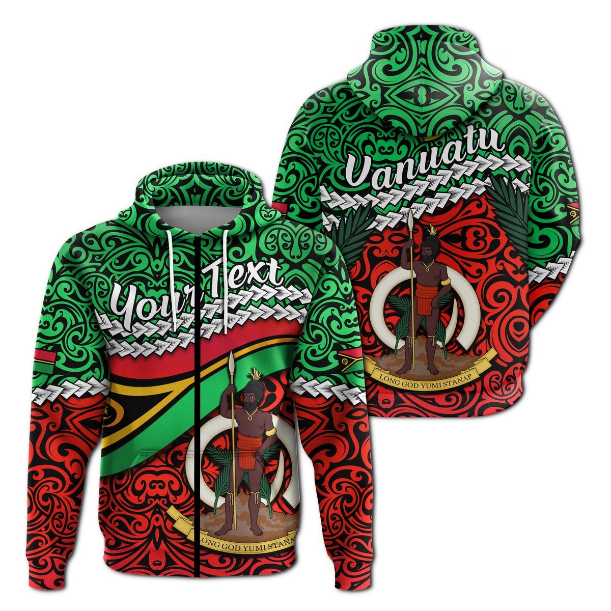 Custom Proud Vanuatu Zip Hoodie Pattern Mix Flag LT13 Unisex Green - Polynesian Pride