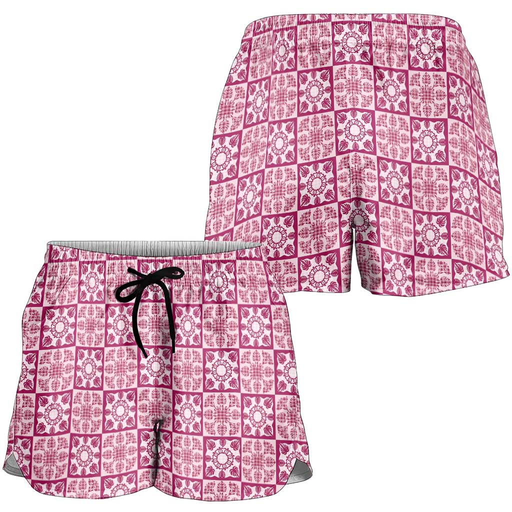 Akala Palaka Quilt Hawaii Shorts for Women Hawaiian Tropical Monstera Sea Turtle