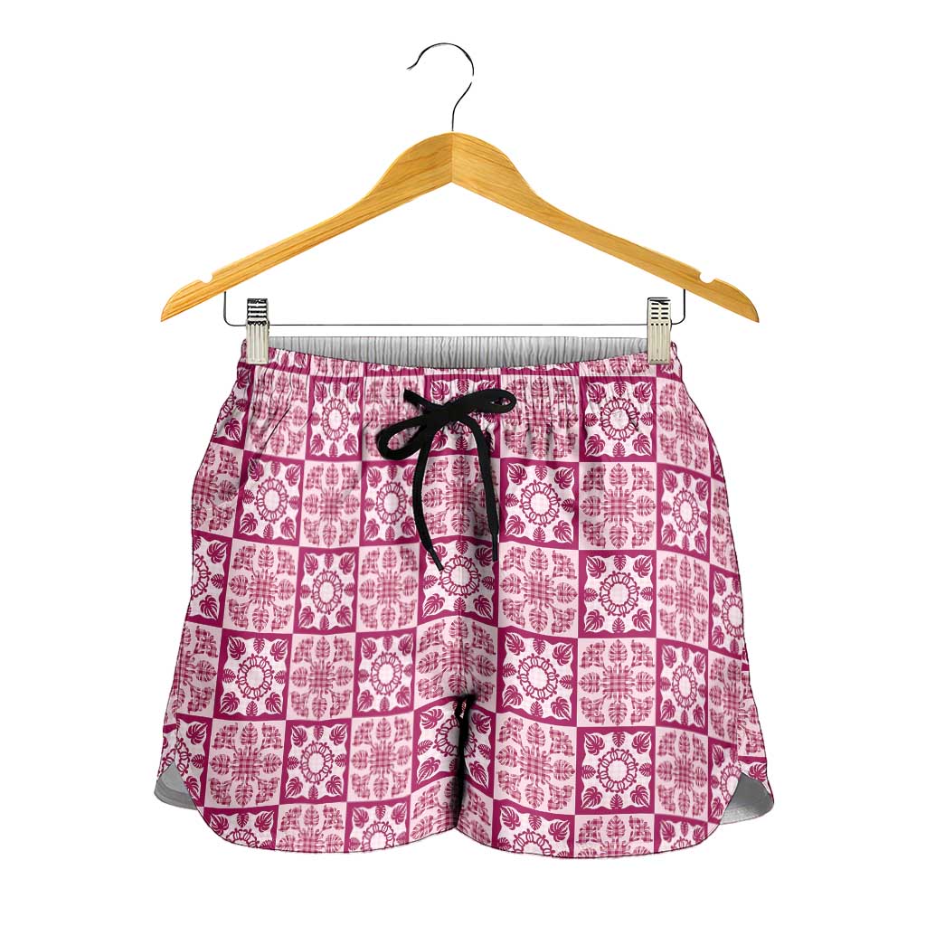Akala Palaka Quilt Hawaii Shorts for Women Hawaiian Tropical Monstera Sea Turtle