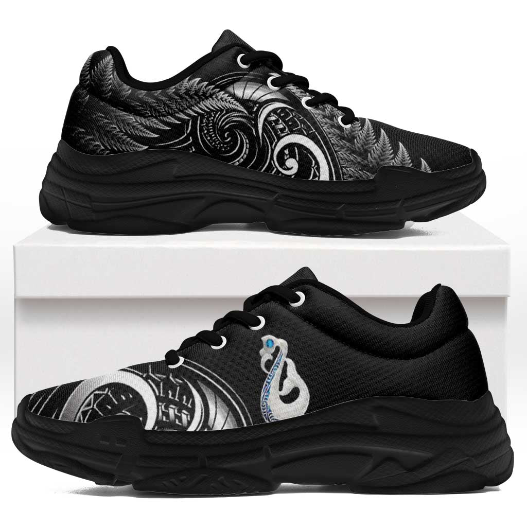 All Black New Zealand Chunky Sneakers Aotearoa Silver Fern With Manaia Maori Unique LT14 Black - Polynesian Pride