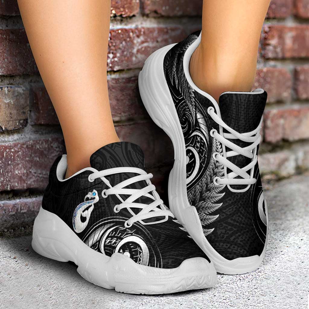All Black New Zealand Chunky Sneakers Aotearoa Silver Fern With Manaia Maori Unique LT14 - Polynesian Pride