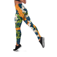 Aloha Festive Hawaii Leggings Mokihana - Maile and Ilima on Navy Blue - Polynesian Pride