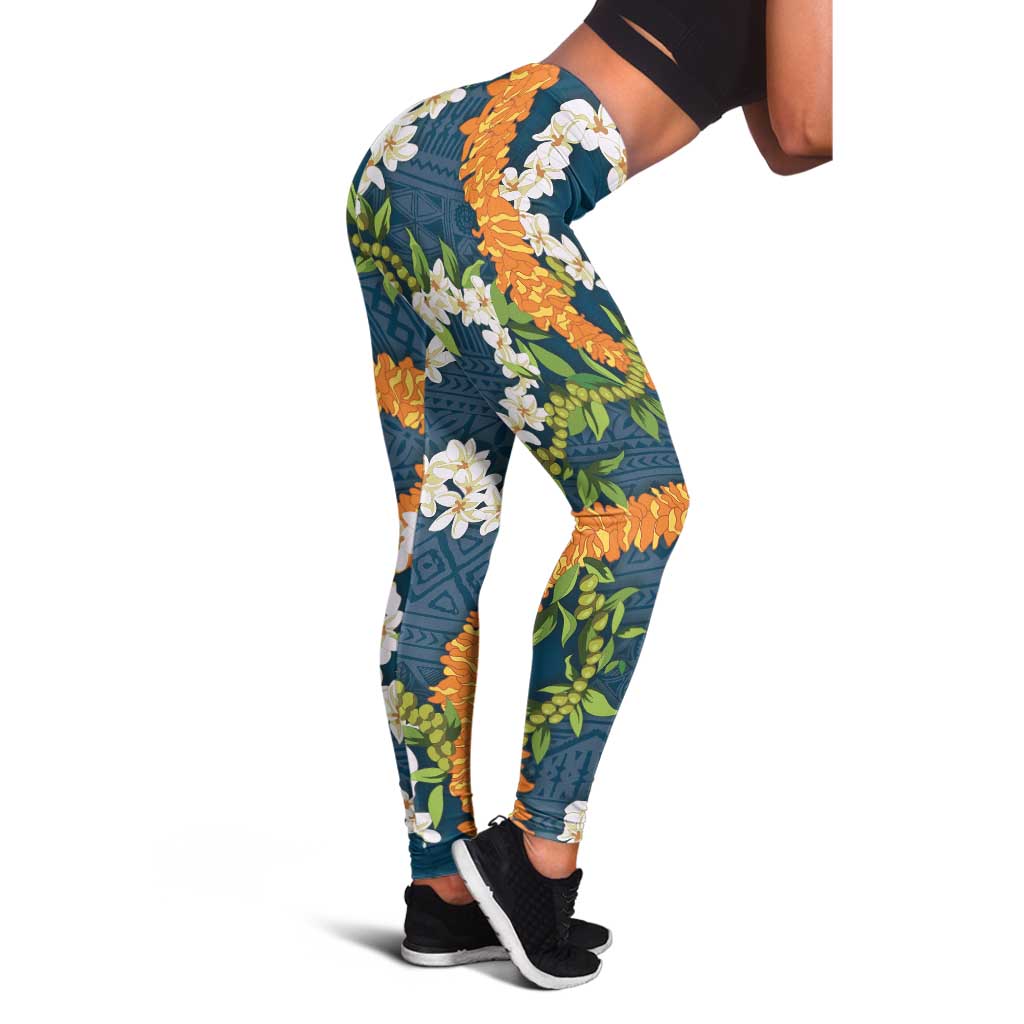 Aloha Festive Hawaii Leggings Mokihana - Maile and Ilima on Navy Blue - Polynesian Pride