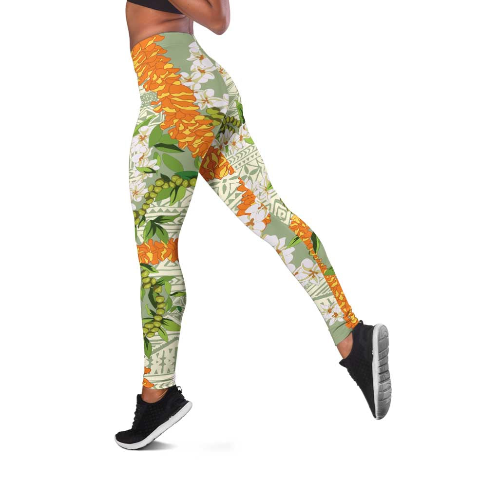 Aloha Festive Hawaii Leggings Mokihana - Maile Leis in Muted Summer - Polynesian Pride