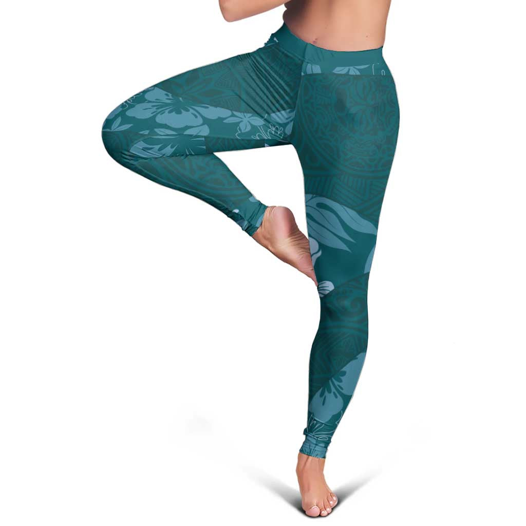 Aloha Hawaii Floral Tapa Leggings Patchwork Teal - Polynesian Pride