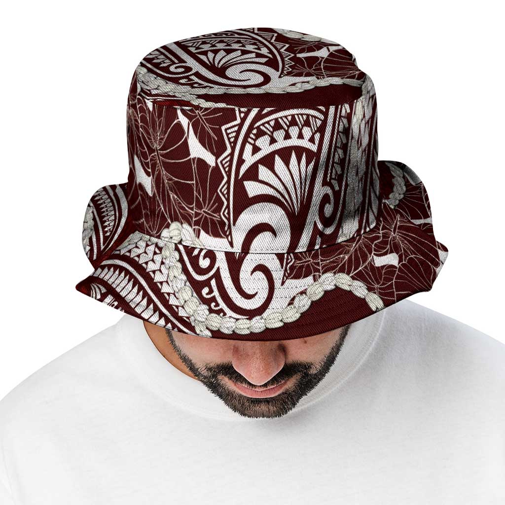 Aloha Hawaii Kalo Pikake Lei Bucket Hat Chest Tattoo Oxblood Hawaiian Pattern