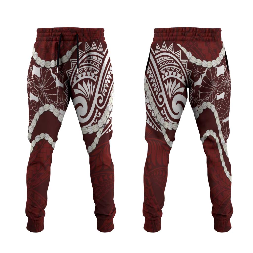 Aloha Hawaii Kalo Pikake Lei Jogger Pants Chest Tattoo Oxblood Hawaiian Pattern