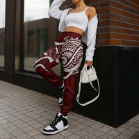 Aloha Hawaii Kalo Pikake Lei Jogger Pants Chest Tattoo Oxblood Hawaiian Pattern