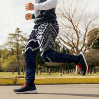 Aloha Hawaii Kalo Pikake Lei Jogger Pants Chest Tattoo Oxford Blue Hawaiian Pattern