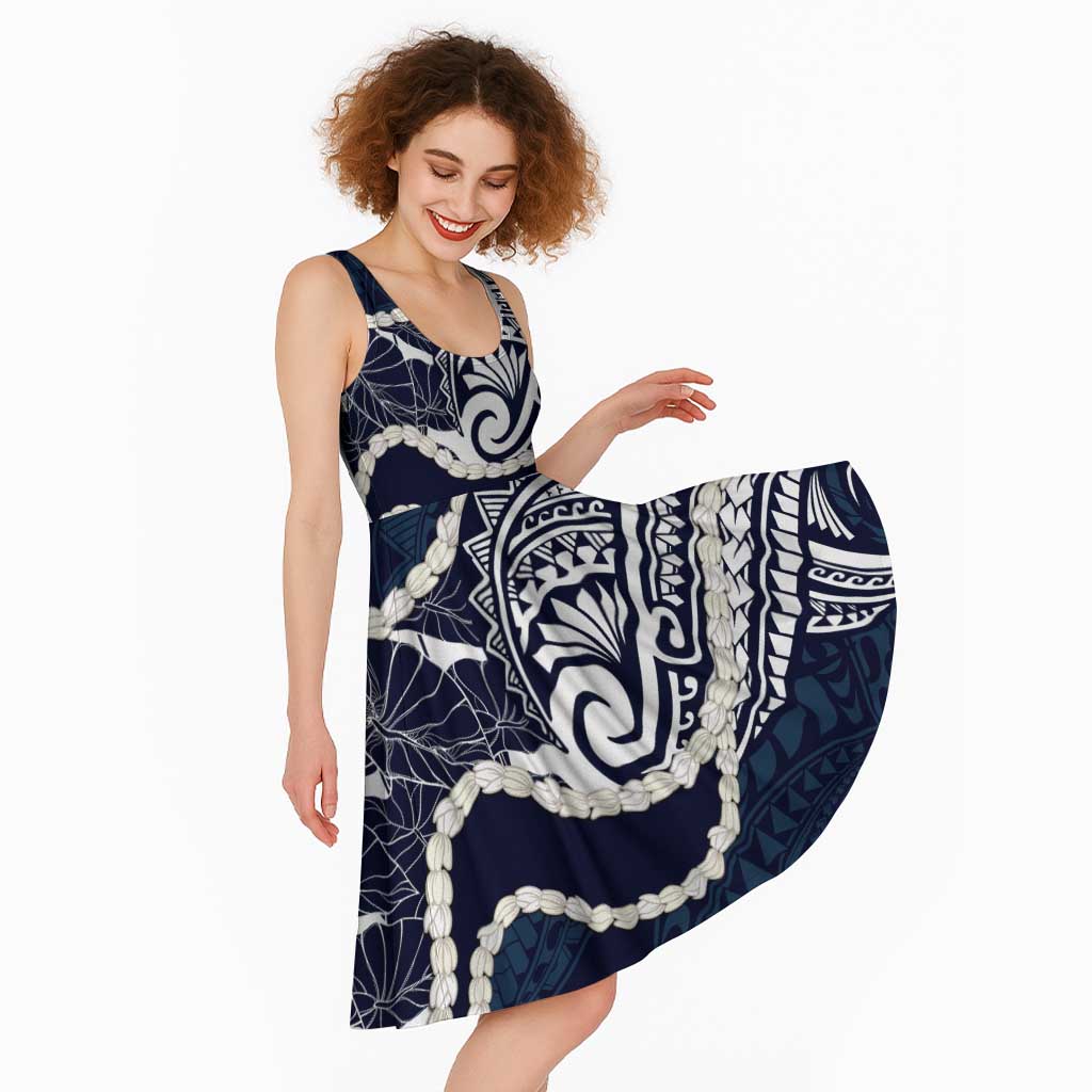 Aloha Hawaii Kalo Pikake Lei Midi Dress Chest Tattoo Oxford Blue Hawaiian Pattern