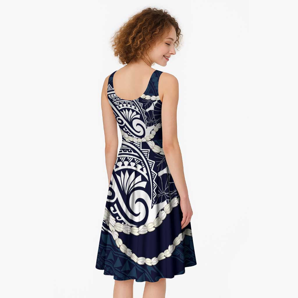Aloha Hawaii Kalo Pikake Lei Midi Dress Chest Tattoo Oxford Blue Hawaiian Pattern
