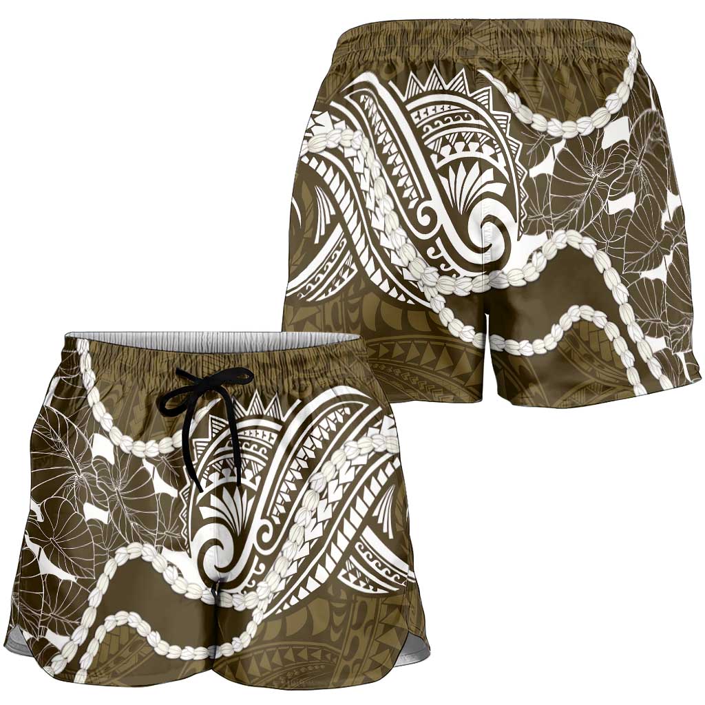 Aloha Hawaii Kalo Pikake Lei Shorts for Women Chest Tattoo Gold Hawaiian Pattern