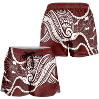 Aloha Hawaii Kalo Pikake Lei Shorts for Women Chest Tattoo Oxblood Hawaiian Pattern LT14 - Polynesian Pride