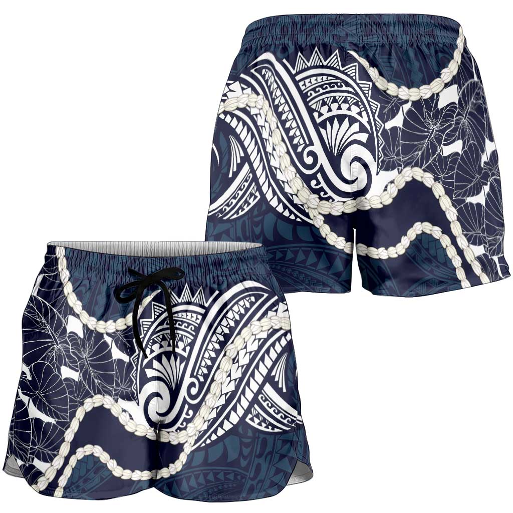 Aloha Hawaii Kalo Pikake Lei Shorts for Women Chest Tattoo Oxford Blue Hawaiian Pattern LT14 - Polynesian Pride