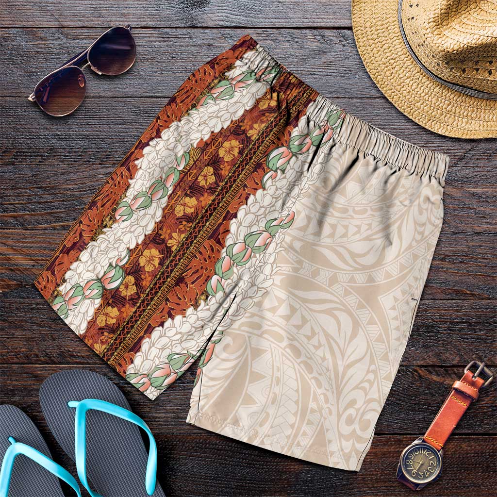 Aloha Hawaii Mikioi Lei Shorts for Men Beige Tropical Flower Pattern LT14 Beige - Polynesian Pride