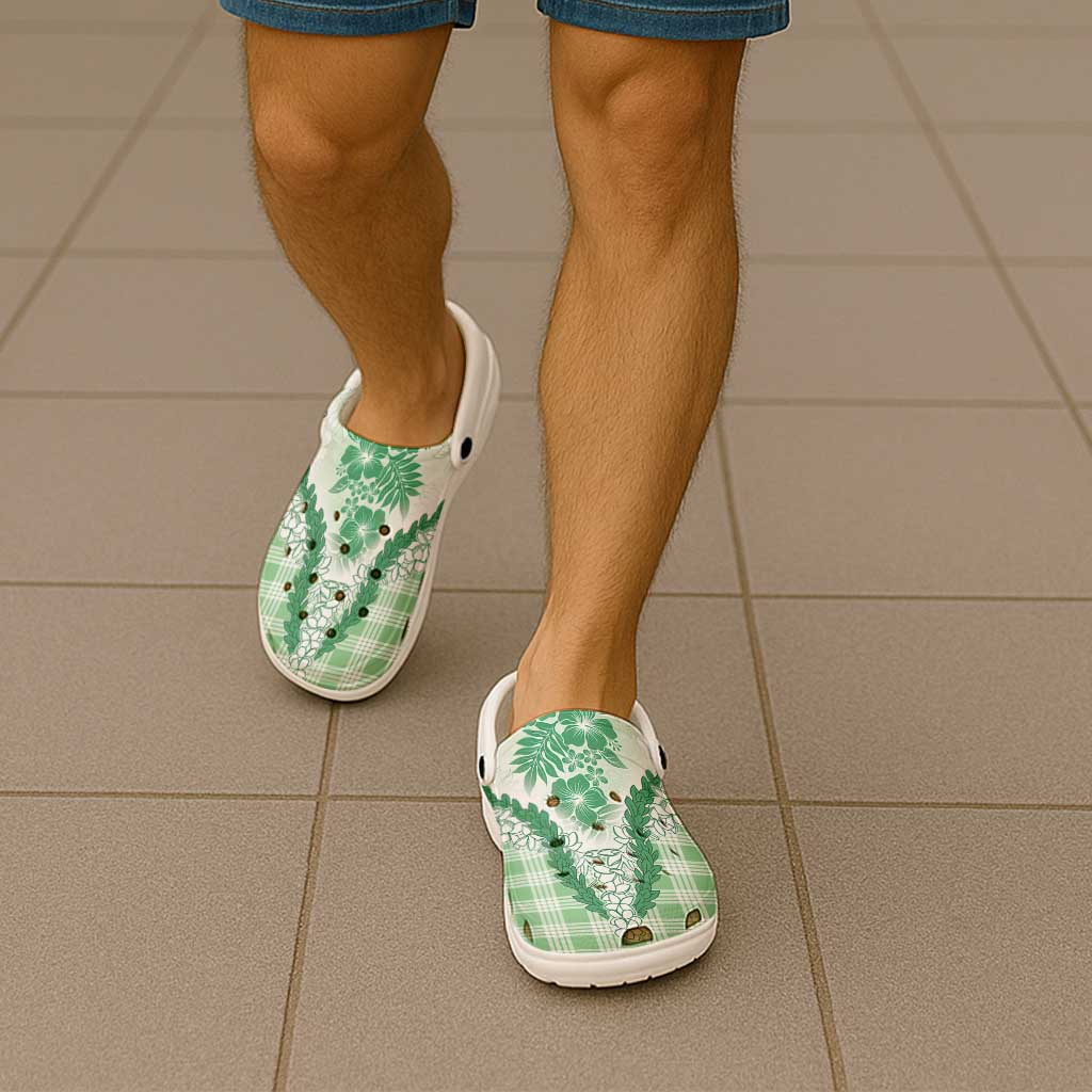 Aloha Hawaii Palaka Clogs Shoes Green Plumeria Lei