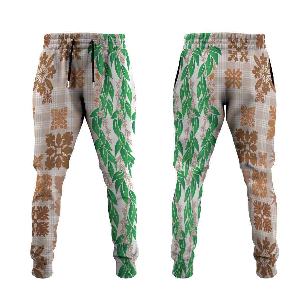 Aloha Hawaii Palaka Tuberose Lei Jogger Pants Hawaiian Quilt Seamless Style LT14 Beige - Polynesian Pride