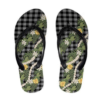 Aloha Puakenikeni Anthurium Pikake Lei Flip Flops Black Hawaiian Palaka Pattern LT9 Black - Polynesian Pride