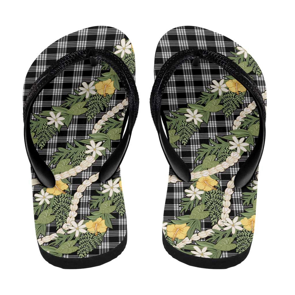 Aloha Puakenikeni Anthurium Pikake Lei Flip Flops Black Hawaiian Palaka Pattern LT9 - Polynesian Pride